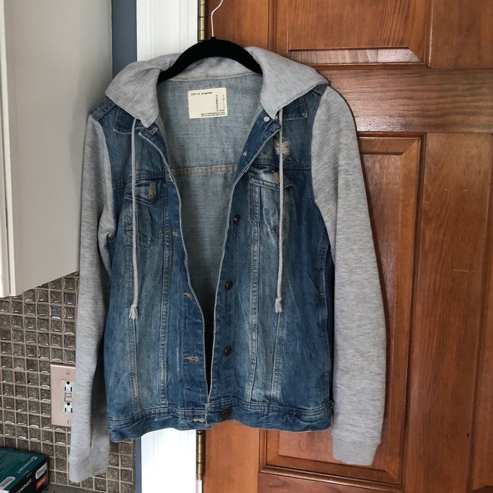 jean jacket with built in hoodie
